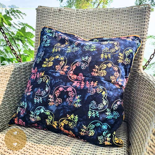 Joyhouseofseratku_Honeydew Flower Gate batik blue, handmade throw pillows, batik pillows, 70s throw pillows