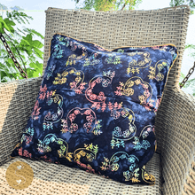 Load image into Gallery viewer, Joyhouseofseratku_Honeydew Flower Gate batik blue, handmade throw pillows, batik pillows, 70s throw pillows
