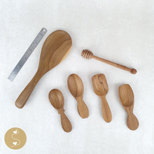 Load image into Gallery viewer, Joyhouseofseratku_Jollity Teak honey dipper with small wooden spoon, where wooden spoon used for scooping teaspoon-sized items
